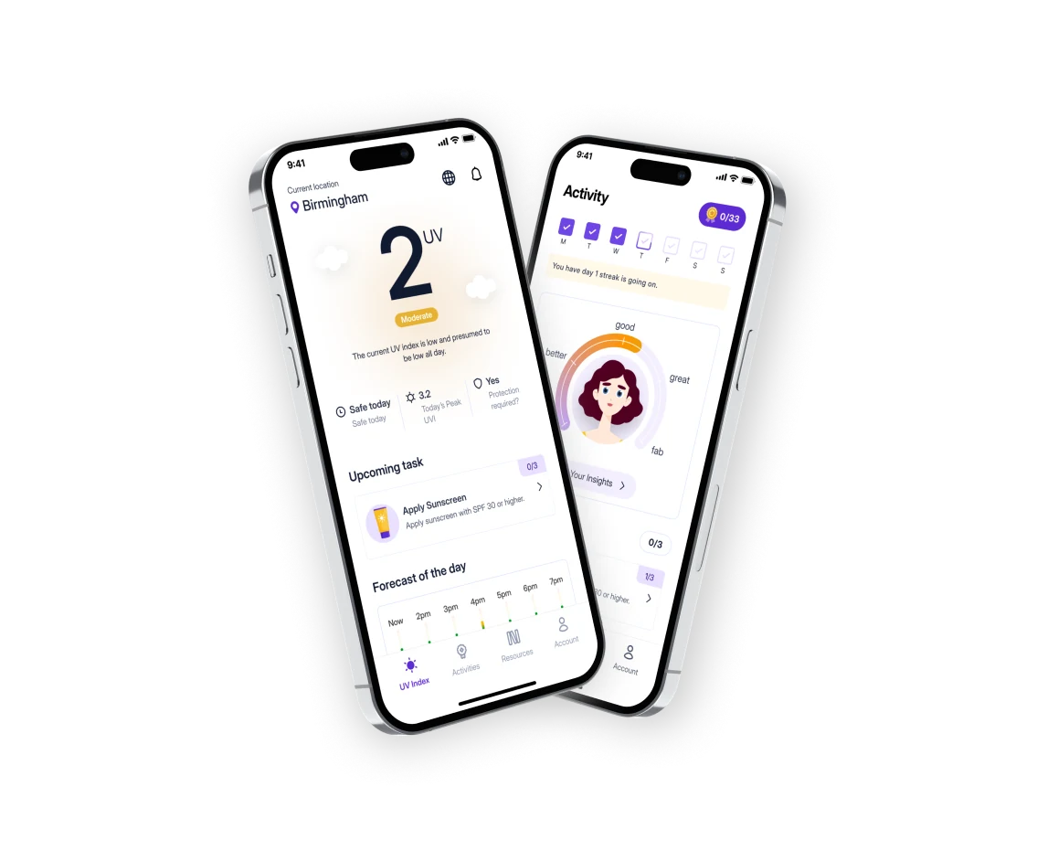 SunSafe app shown on two phones