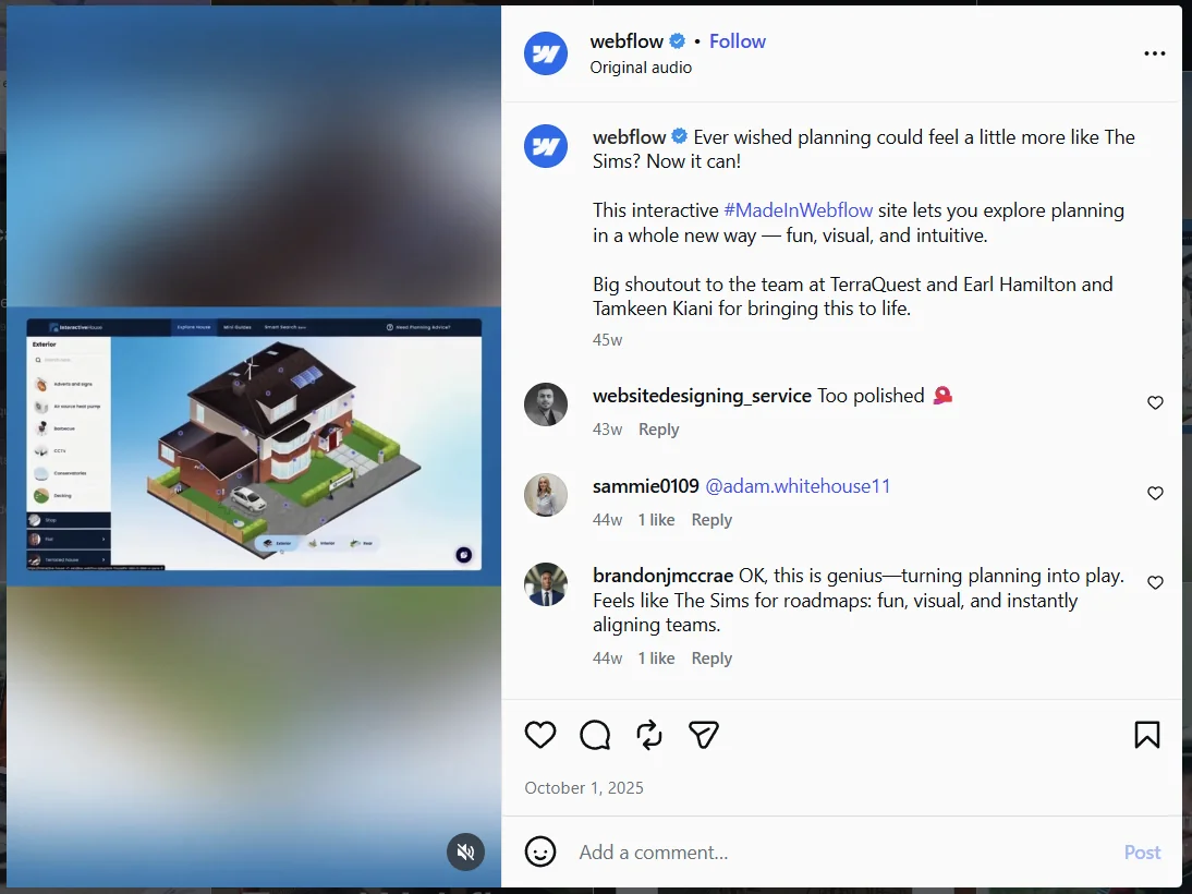 Webflow Instagram post featuring the Interactive House