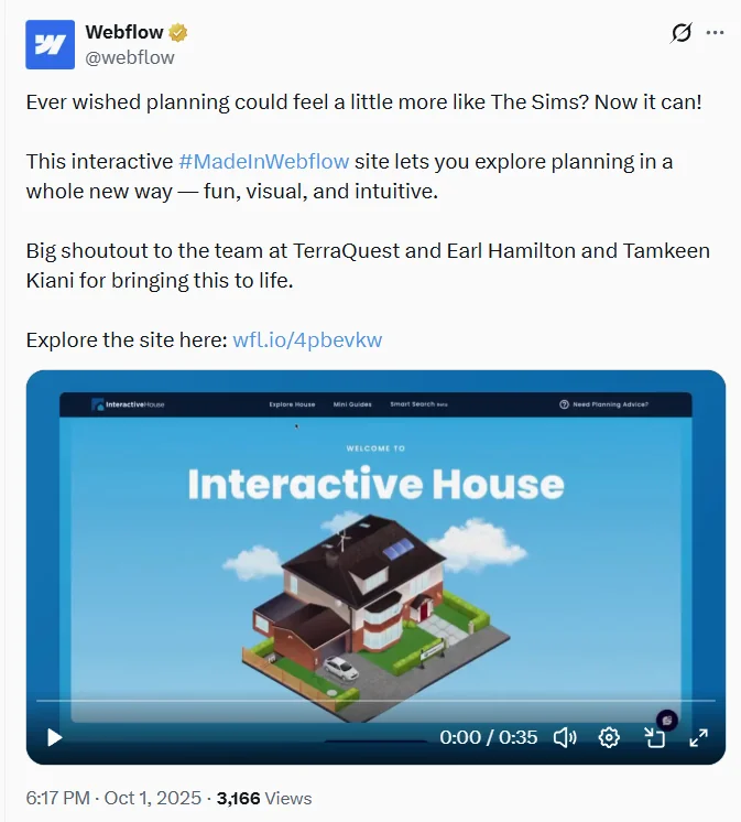 Webflow LinkedIn post featuring the Interactive House