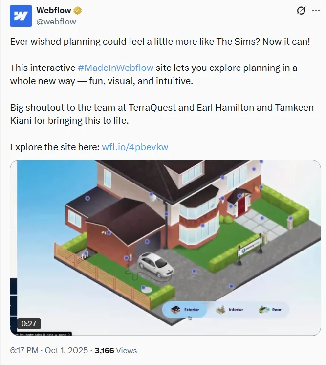 Webflow X (Twitter) post featuring the Interactive House