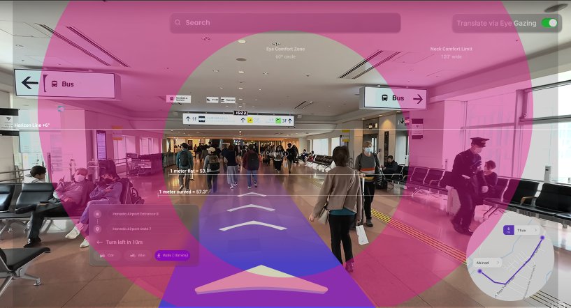 AR comfort-zone overlay mapped onto an airport corridor