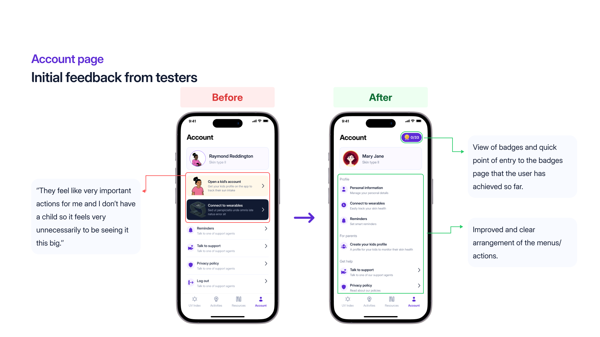 Account, before and after redesign