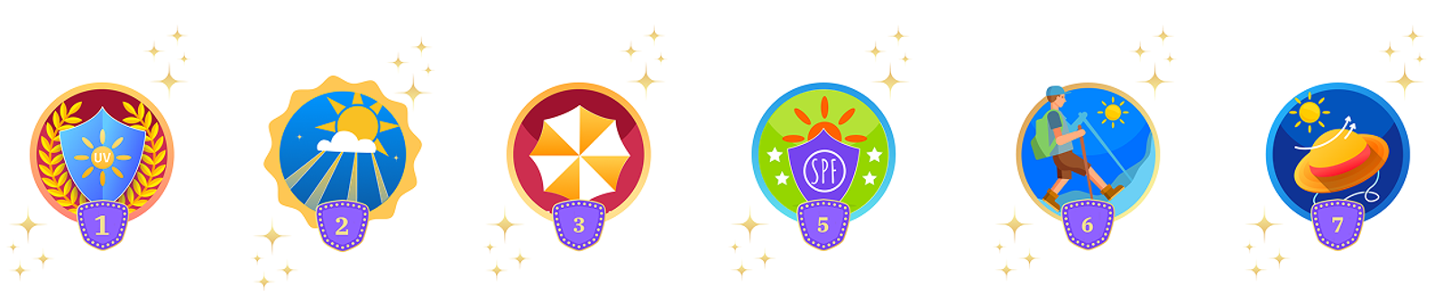 SunSafe badges, first purple iteration versus final colourful designs