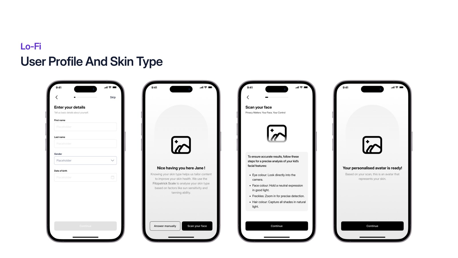 Lo-fi wireframes, user profile and skin-type onboarding