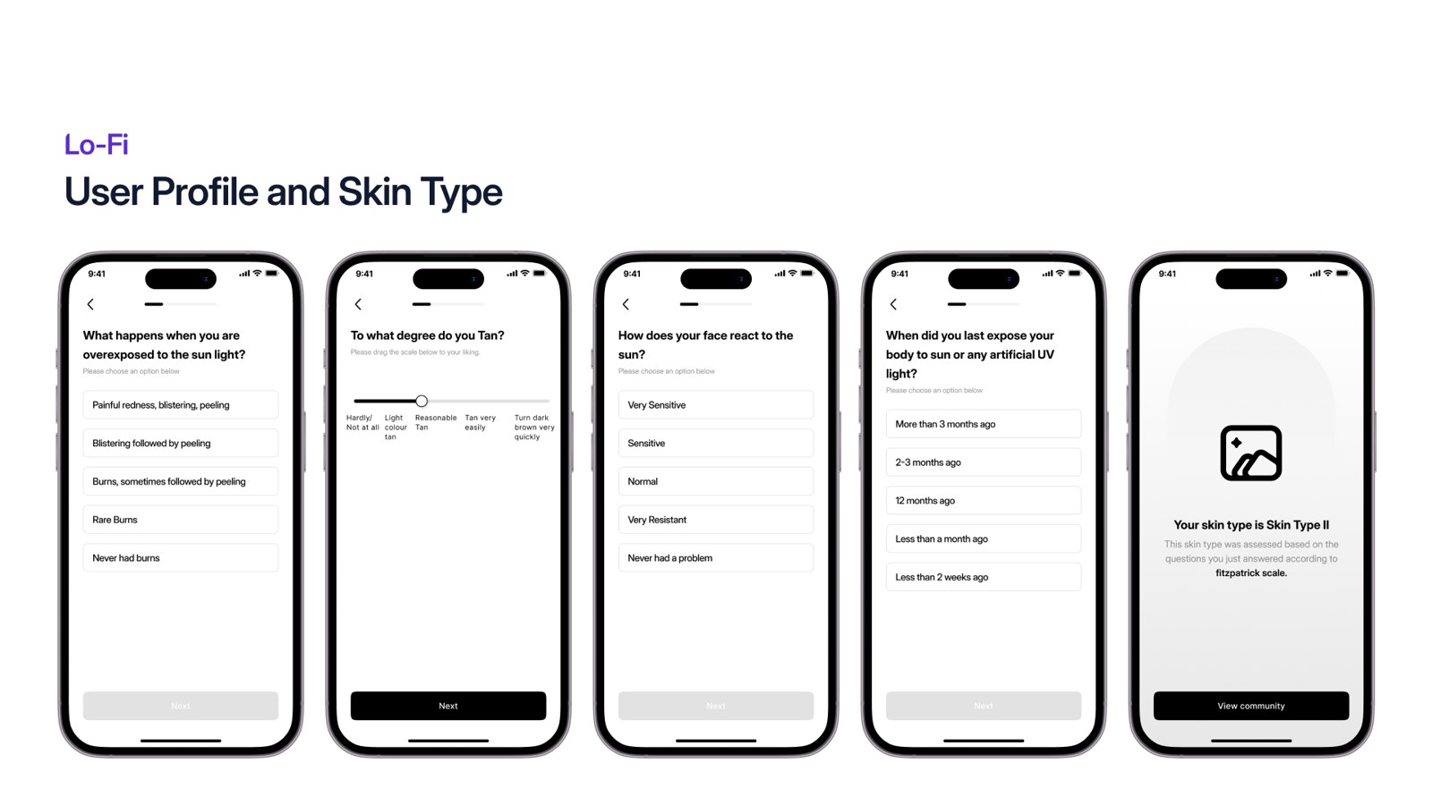 Lo-fi wireframes, the Fitzpatrick skin-type questionnaire