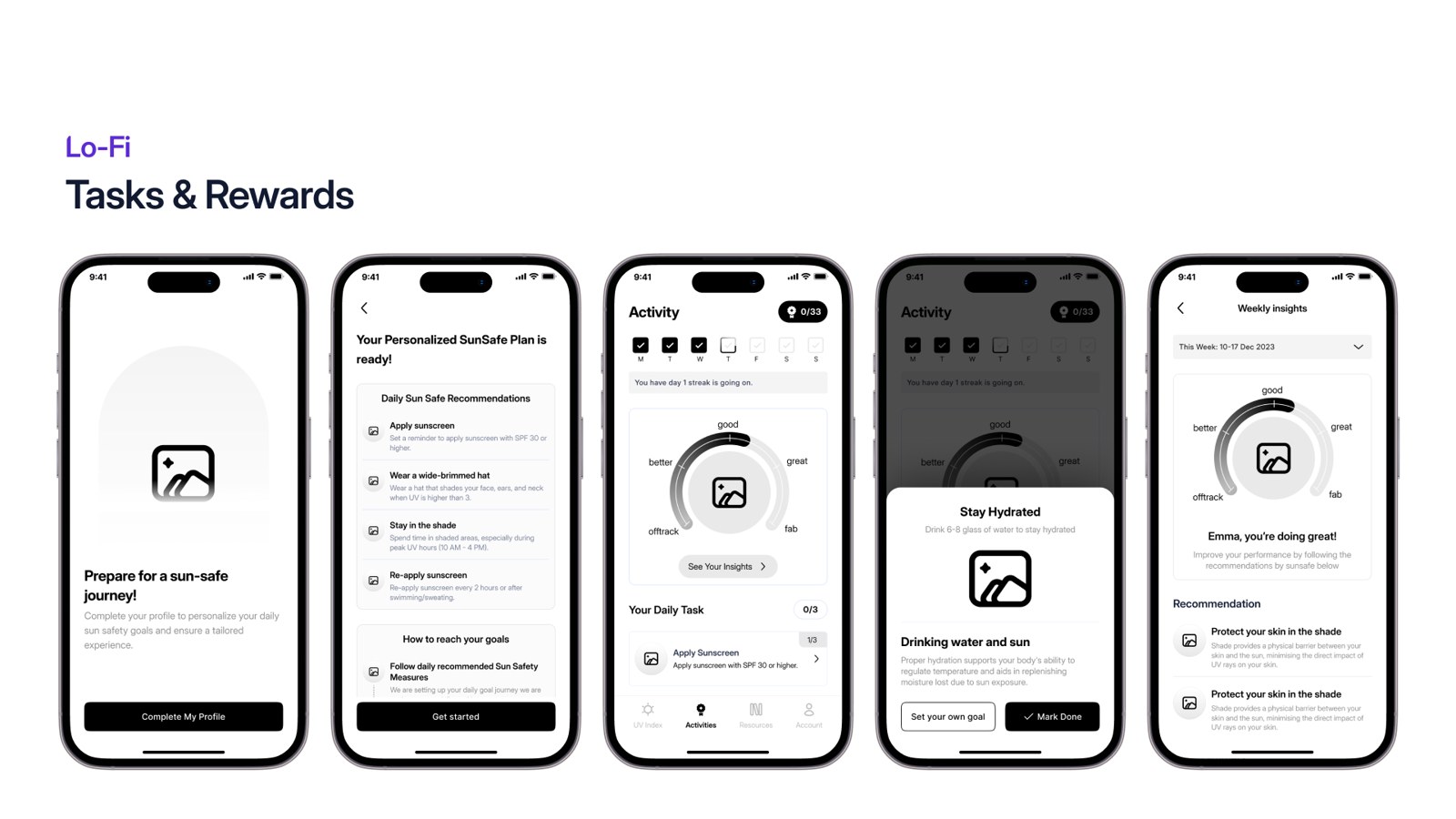 Lo-fi wireframes, tasks and rewards
