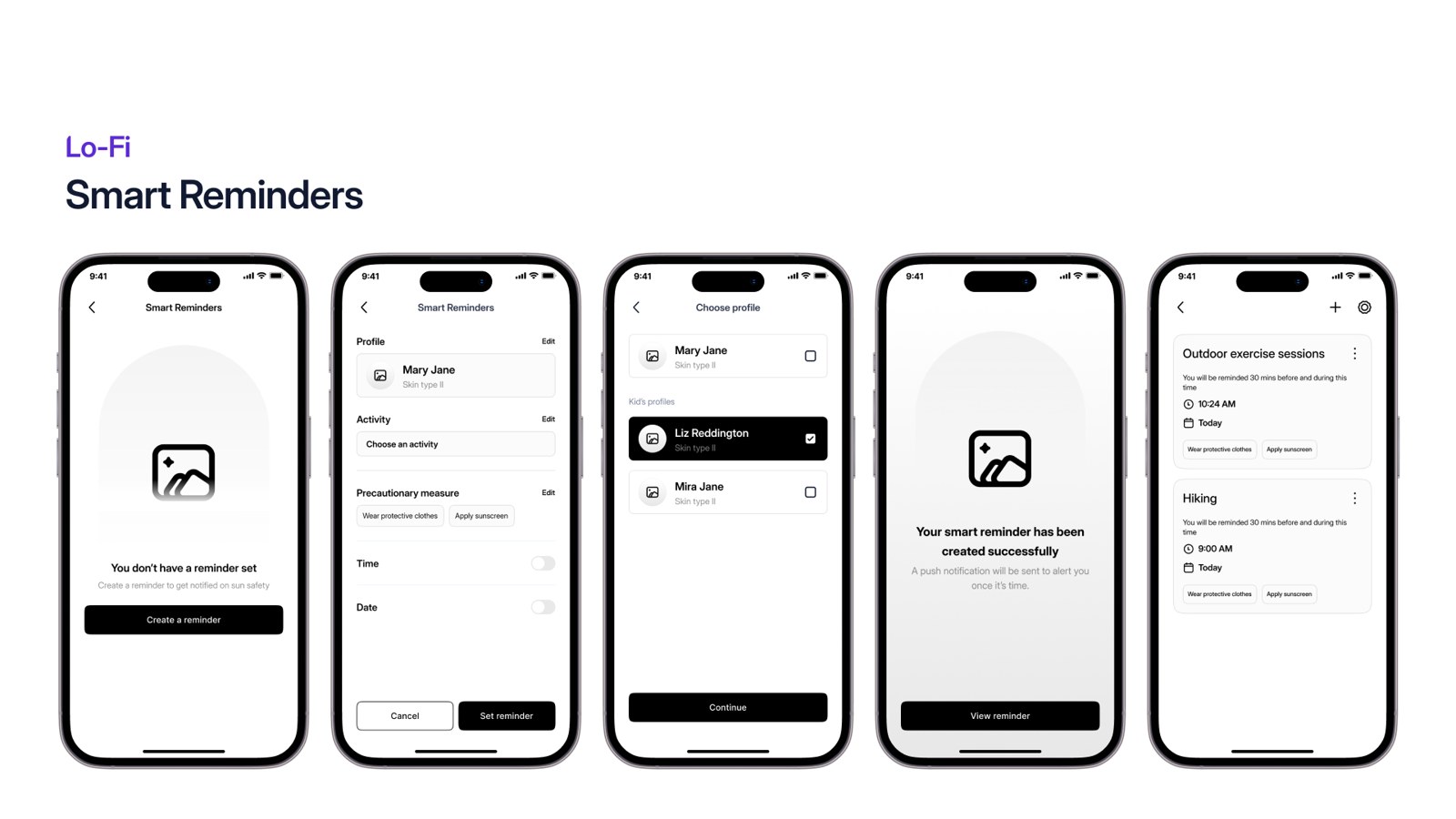 Lo-fi wireframes, smart reminders