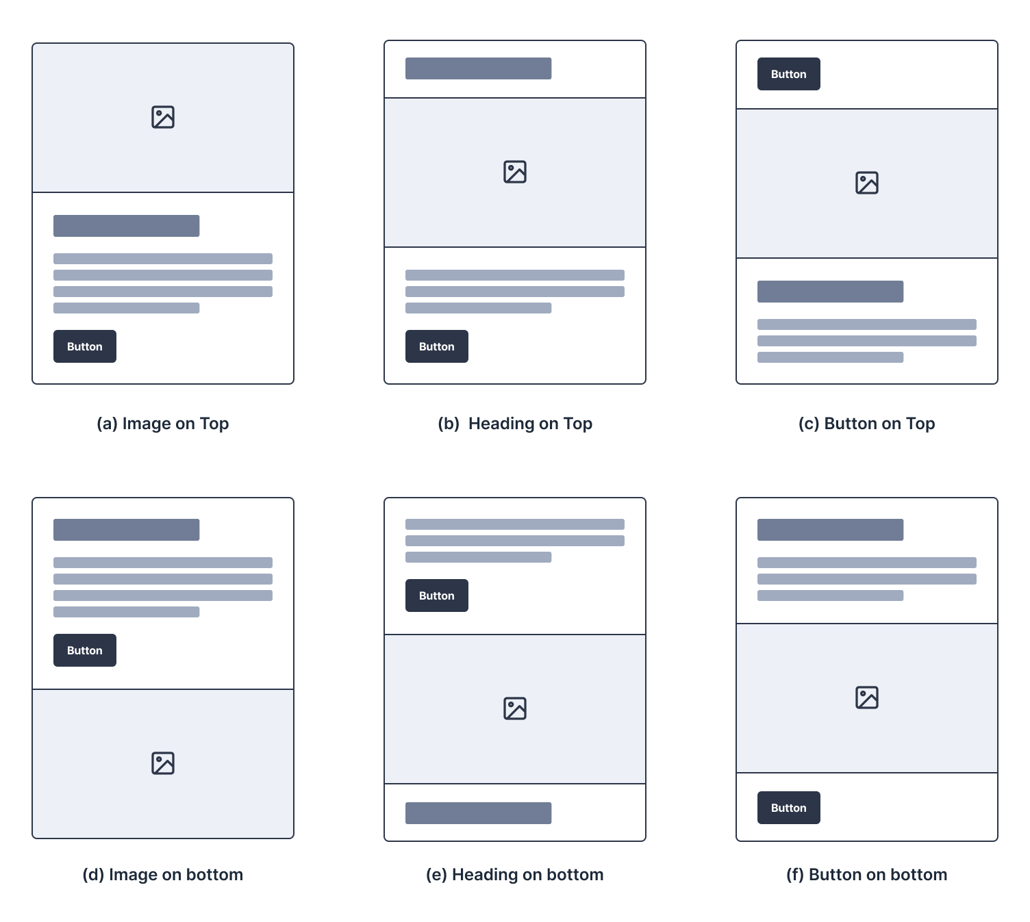 Six blog-card variations, heading, button and image CTA at the top and bottom